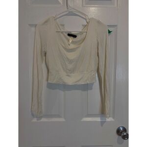 Final Touch Cowl Neck Crop Top Long Sleeve Made in USA Cream Size‎ M